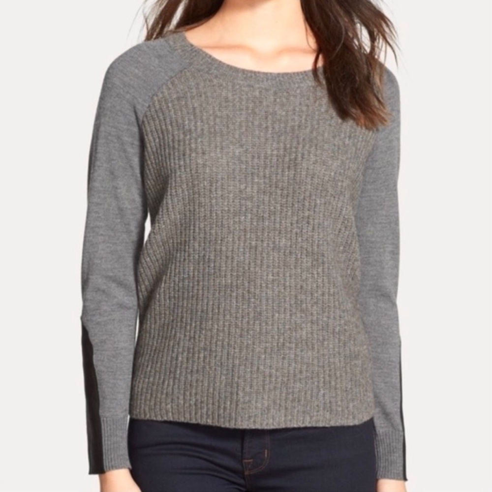 Eileen Fisher Scoop Neck Sweater With Leather Trim